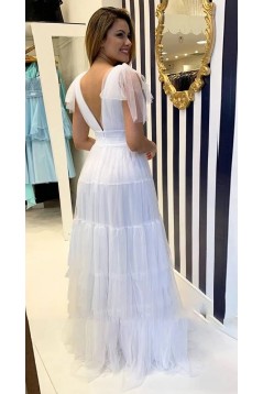 Long Blue Deep V Neck Tulle Prom Dresses 801417