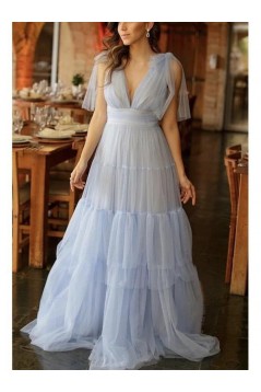 Long Blue Deep V Neck Tulle Prom Dresses 801417