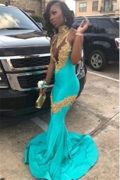 Long Blue Mermaid Gold Lace Appliques Prom Dresses 801421