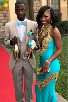 Long Blue Mermaid Gold Lace Appliques Prom Dresses 801421