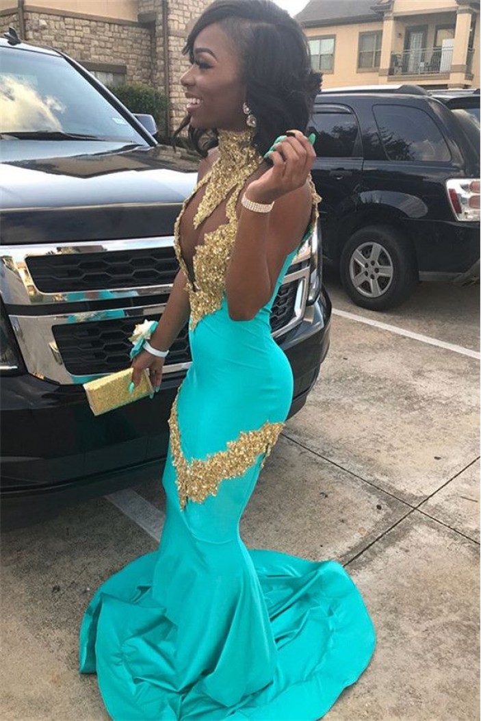 Long Blue Mermaid Gold Lace Appliques Prom Dresses 801421