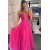 A-Line Long Pink Beaded Tulle Prom Dresses 801425