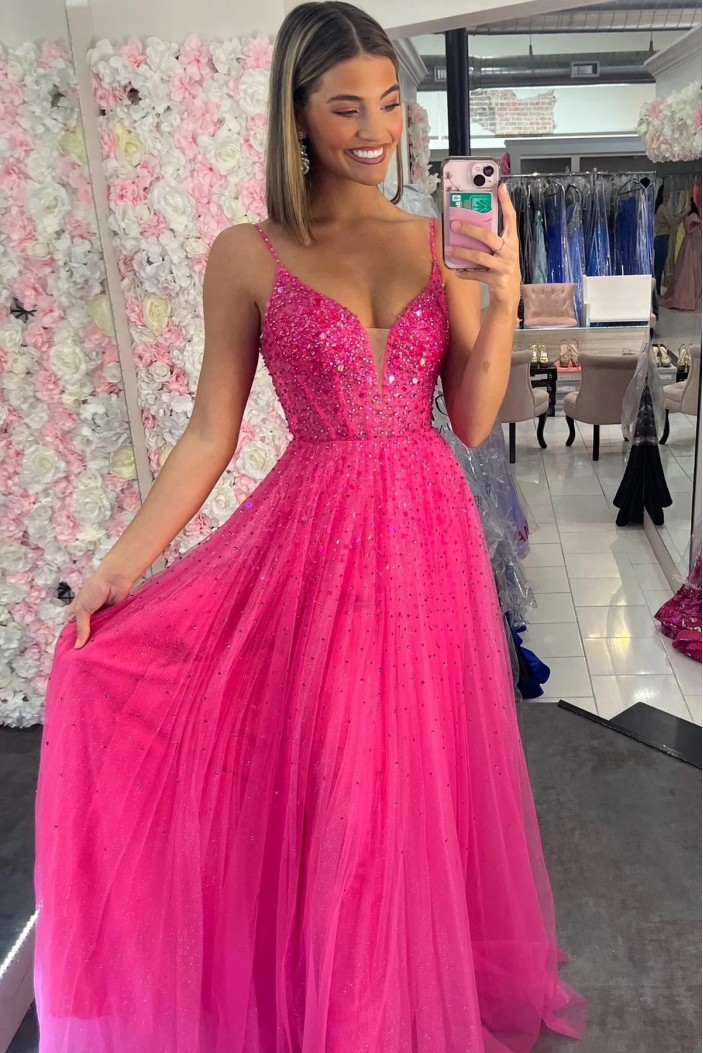 A-Line Long Pink Beaded Tulle Prom Dresses 801425
