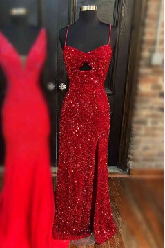 Mermaid Spaghetti Straps Sequins Long Prom Dresses 801426