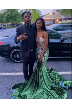 Long Green Mermaid Beaded Prom Dresses 801430