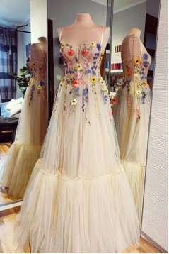 A-Line Lace and Tulle Long Prom Dresses 801432