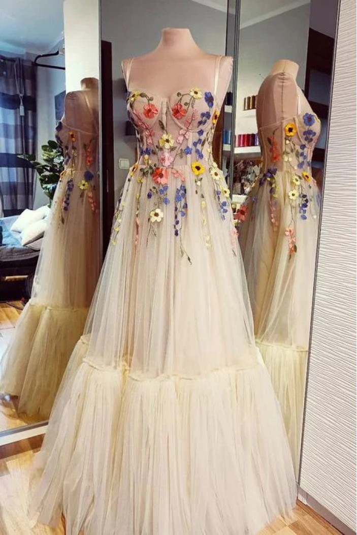 A-Line Lace and Tulle Long Prom Dresses 801432