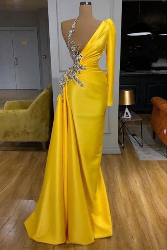 Long Yellow Beaded One Shoulder Prom Dresses 801433