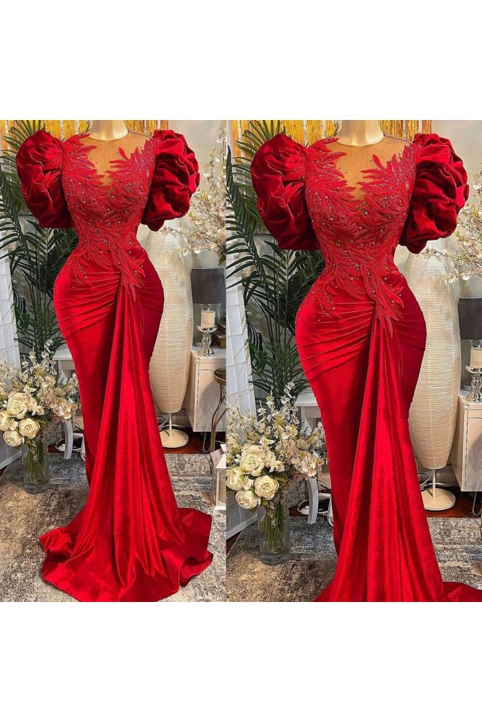 Long Red Mermaid Beaded Lace Prom Dresses 801439
