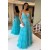 A-Line Long Blue Tulle Spaghetti Straps Prom Dresses 801451