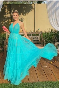 A-Line Long Blue Tulle Spaghetti Straps Prom Dresses 801452