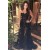 A-Line Long Black Lace Spaghetti Straps Prom Dresses 801453