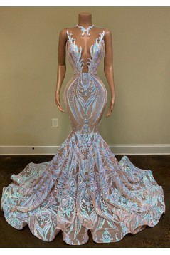 Mermaid Sleeveless Lace Long Prom Dresses 801456
