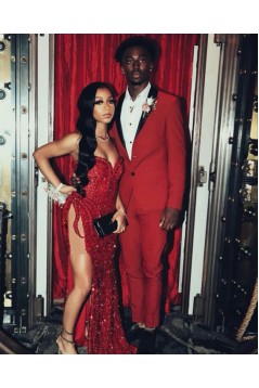 Long Red Mermaid Sequins Prom Dresses with High Slit 801460