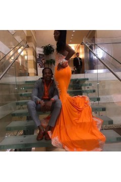 Mermaid Orange Long Beaded Lace Prom Dresses 801464