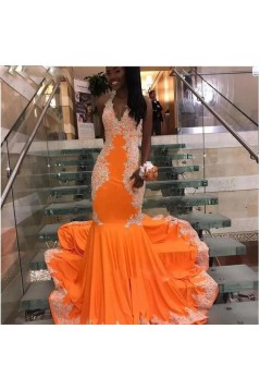 Mermaid Orange Long Beaded Lace Prom Dresses 801464
