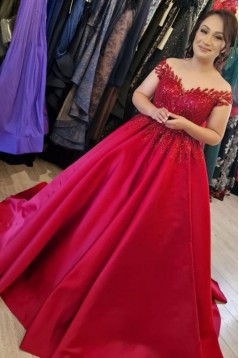 A-Line Long Red Off the Shoulder Beaded Lace Satin Prom Dresses 801479