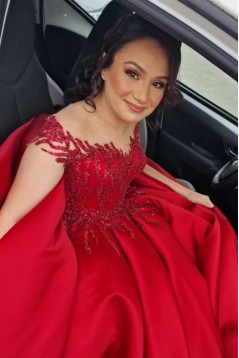 A-Line Long Red Off the Shoulder Beaded Lace Satin Prom Dresses 801479