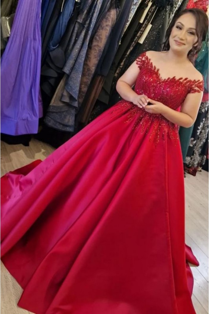 A-Line Long Red Off the Shoulder Beaded Lace Satin Prom Dresses 801479