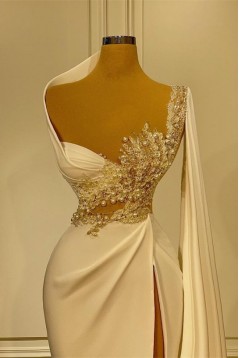 Long White One Shoulder Beaded Lace Prom Dresses 801481