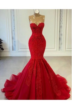 Long Red Mermaid Sweetheart Lace Prom Dresses 801482