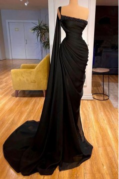 Long Black One Shoulder Beaded Prom Dresses 801483