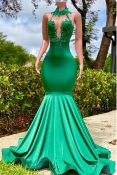 Long Green Mermaid Halter Lace Prom Dresses 801489