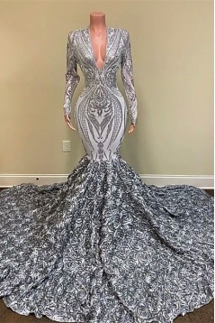 Mermaid Lace Long Sleeves Deep V Neck Prom Dresses 801497