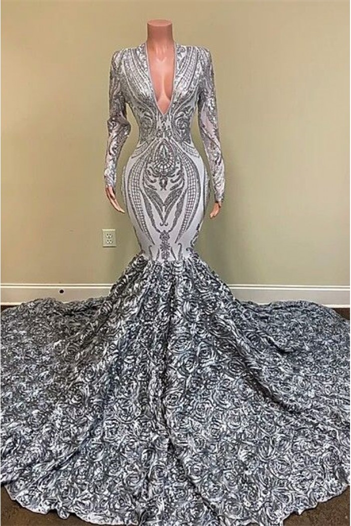 Mermaid Lace Long Sleeves Deep V Neck Prom Dresses 801497