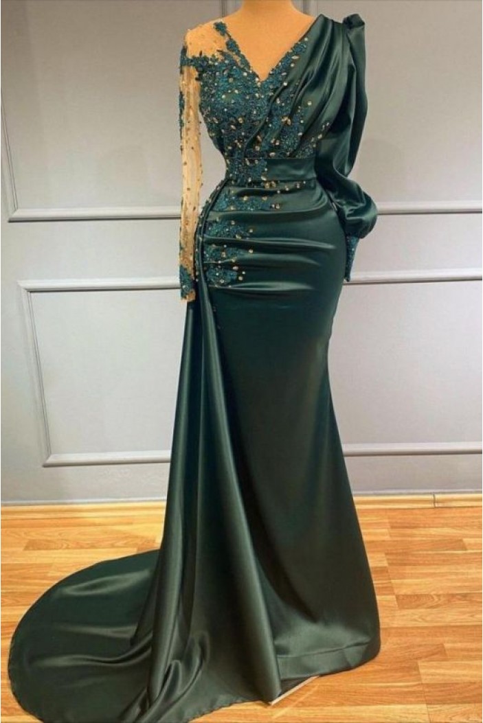 Mermaid Beaded Lace Long Sleeves Green Prom Dresses 801499