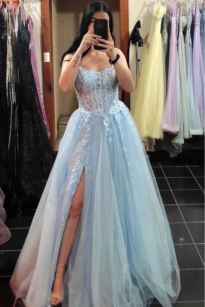 A-Line Light Blue Lace and Tulle Long Prom Dresses 801500
