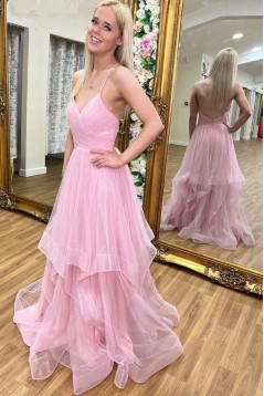 Long Pink Spaghetti Straps Tulle Prom Dresses 801508