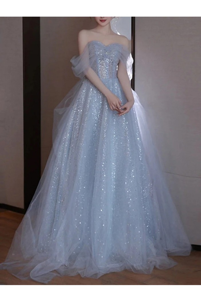 A-Line Off the Shoulder Tulle Prom Dresses 801514