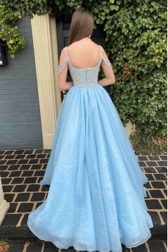 A-Line Beaded Long Blue Prom Dresses 801519
