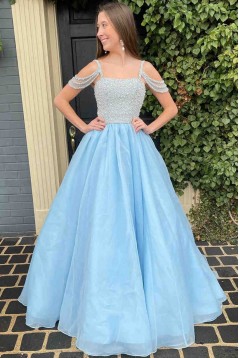 A-Line Beaded Long Blue Prom Dresses 801519