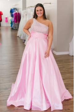 Long Pink One Shoulder Beaded Prom Dresses 801530
