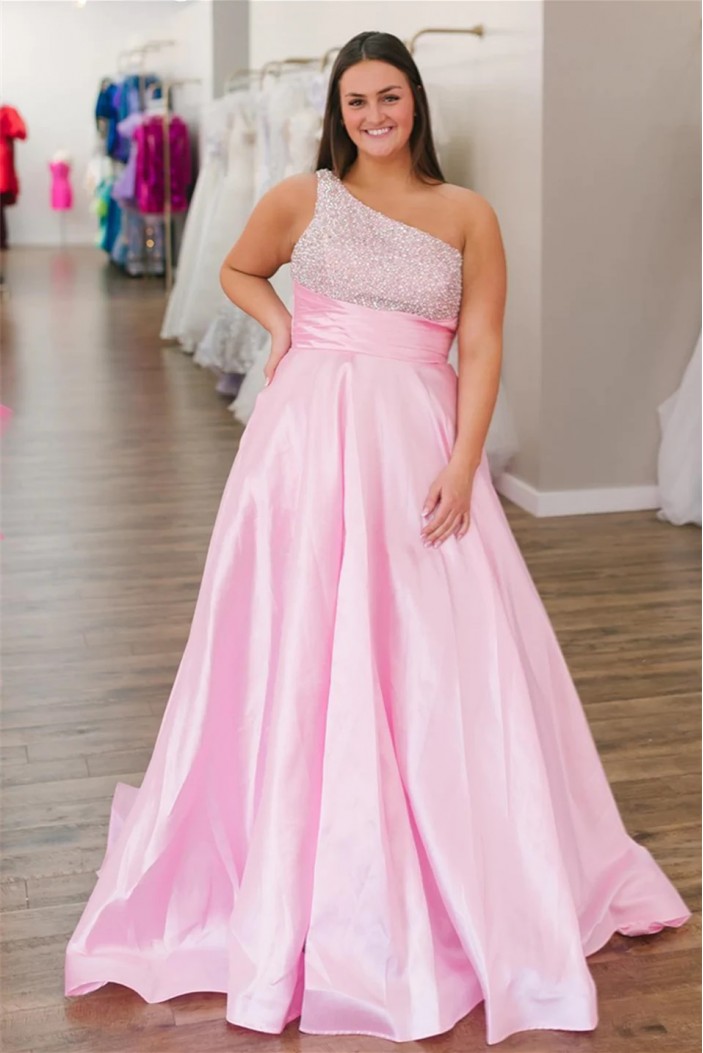 Long Pink One Shoulder Beaded Prom Dresses 801530