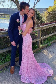 Long Pink Mermaid Spaghetti Straps Sequins Prom Dresses 801533