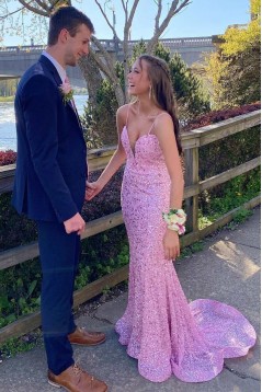 Long Pink Mermaid Spaghetti Straps Sequins Prom Dresses 801533