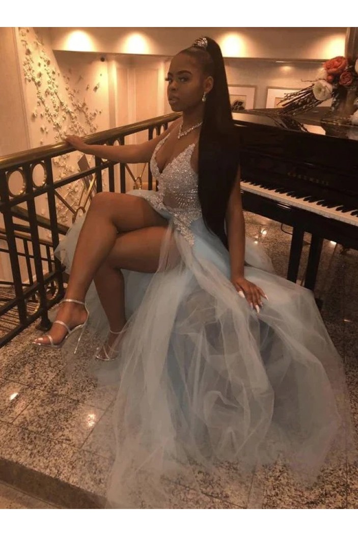 A-Line Beaded Lace and Tulle Prom Dresses 801536