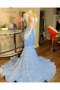 Long Blue Mermaid Lace Sparkle Prom Dresses 801541