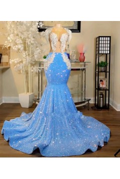 Long Blue Mermaid Lace Sparkle Prom Dresses 801541