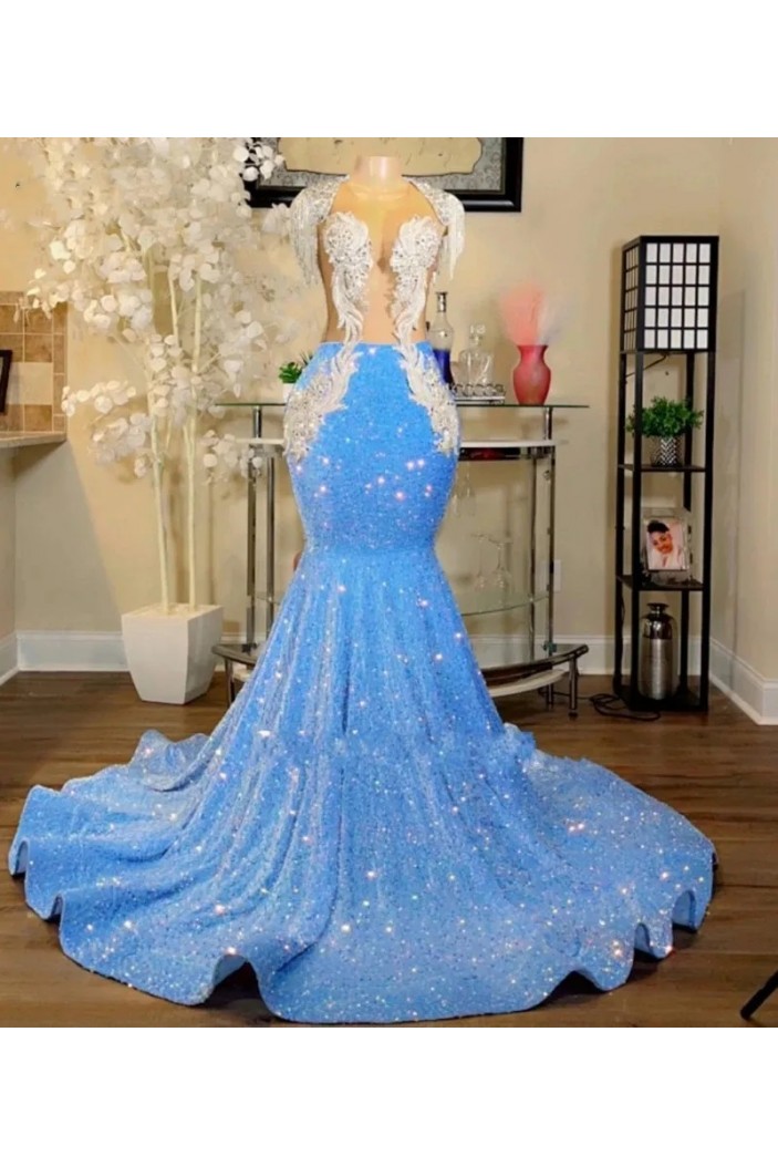 Long Blue Mermaid Lace Sparkle Prom Dresses 801541