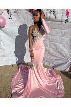 Long Pink Mermaid One Sleeve Prom Dresses 801555