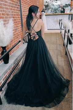 Long Black Lace and Tulle Prom Dresses 801570