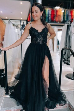 Long Black Lace and Tulle Prom Dresses 801570