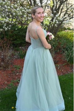 A-Line V Neck Tulle Spaghetti Straps Prom Dresses 801586