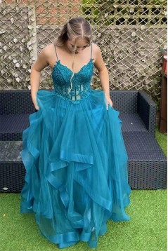 Long Blue Spaghetti Straps Lace and Tulle Prom Dresses 801589