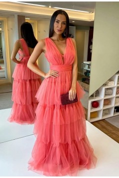 A-Line V Neck Tulle Long Prom Dresses 801590