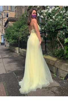 Long Yellow Lace and Tulle Prom Dress Formal Evening Gowns with Beads 901001
